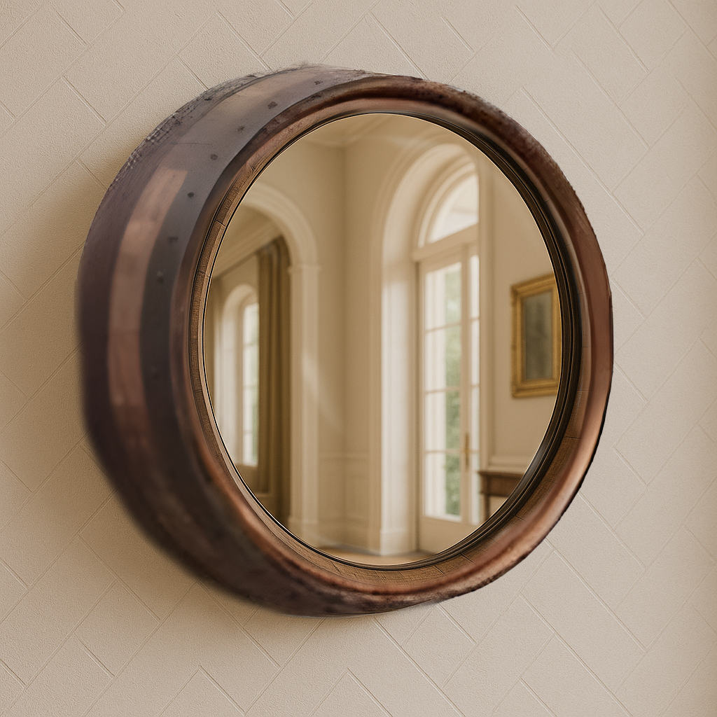 The Round Mirror features a thick, rustic wooden frame made from reclaimed whiskey barrels, reflecting arched windows and artwork—an ideal decorative wall mirror for any space.