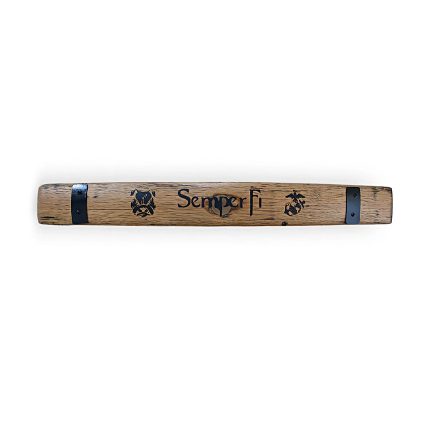 Barrel Staves decor piece crafted from reclaimed oak, featuring "Semper Fi" and Marine Corps emblems with black metal bands. Custom engraving available.