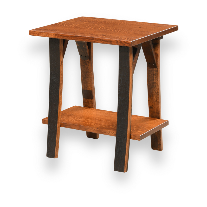 The Barrel Side Table, crafted from reclaimed wood, features rustic elegance with a lower shelf and four slightly angled legs.
