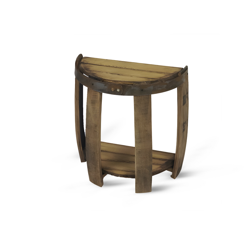 Crafted from whiskey barrels, the Side Table with Half Barrel Heads for Shelves & Top Metal Band blends rustic elegance and functionality with its sturdy four-legged design and practical lower shelf, all set against a crisp white background.