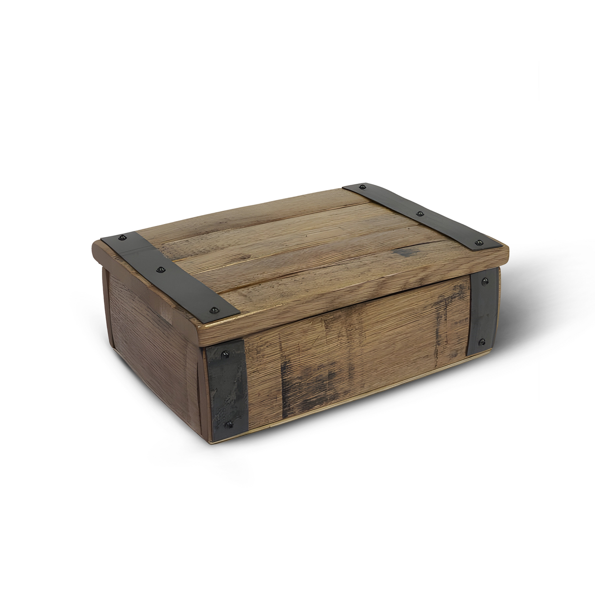 The Small Stave Box, made from authentic whiskey staves with sturdy construction and metal-reinforced corners, is shown closed on a white background.