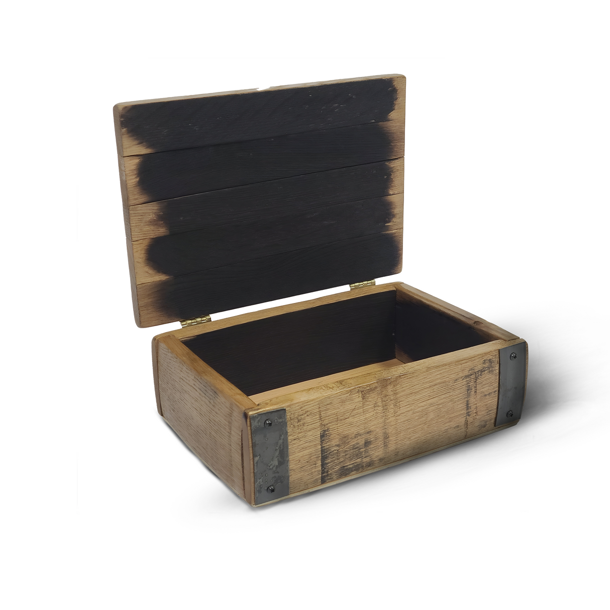 The Small Stave Box, made from genuine whiskey staves, features a dark interior and metal corner accents. It combines rustic charm with modern appeal for versatile use.
