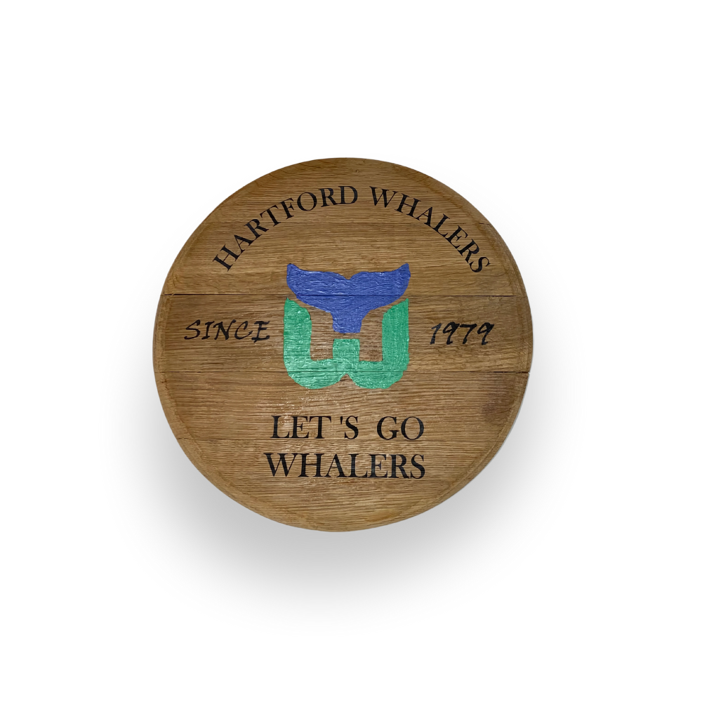 Small Barrel Head Art featuring the Hartford Whalers logo, crafted locally from reclaimed barrel heads with "Since 1979 LET'S GO WHALERS" in black text.