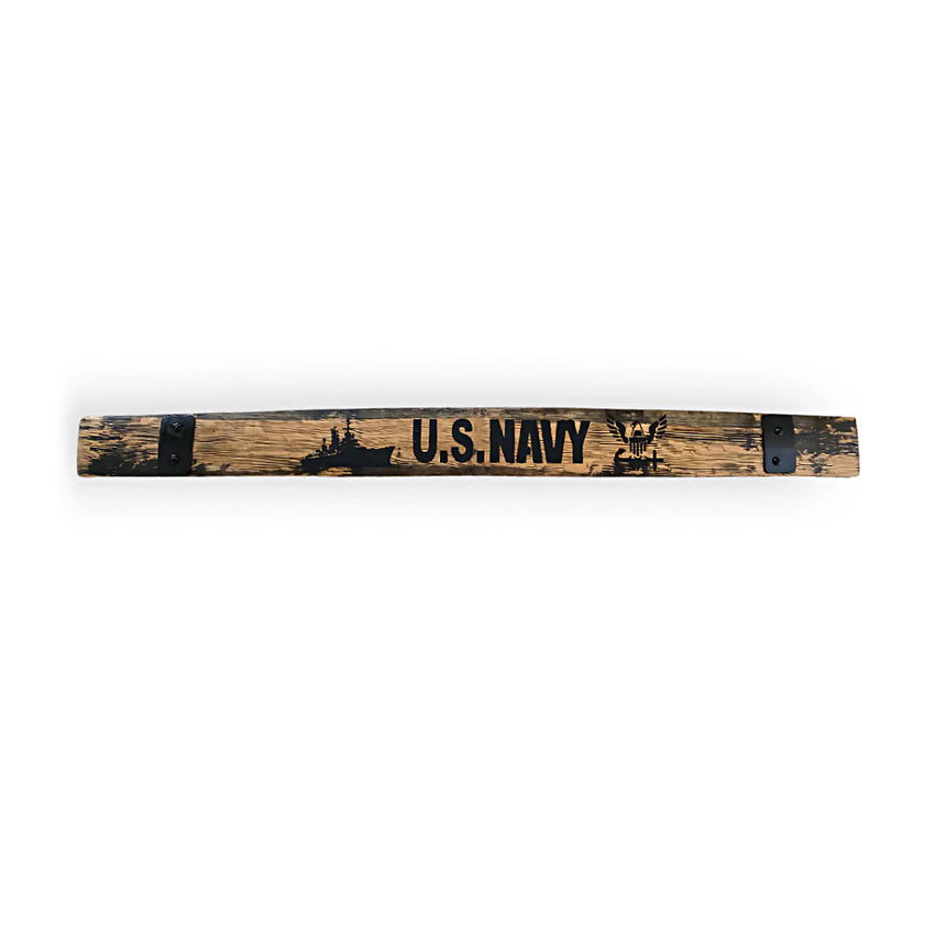 Barrel Staves wall sign crafted from reclaimed oak features "U.S. NAVY" text, a ship silhouette, and eagle emblem, mounted with black brackets.
