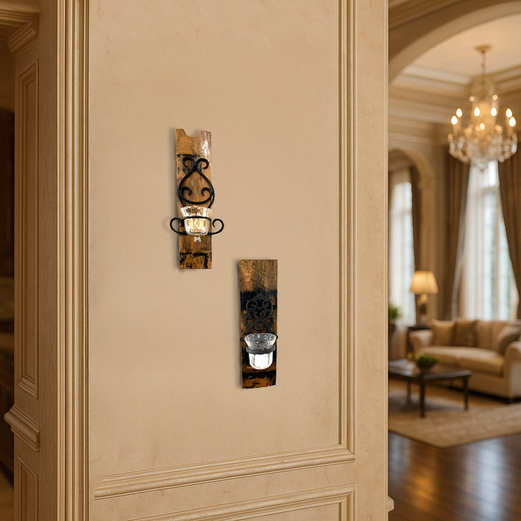 Two Whiskey Barrel Stave Candle Sconces handcrafted from authentic whiskey barrels add rustic charm to a beige wall in an elegant living room.