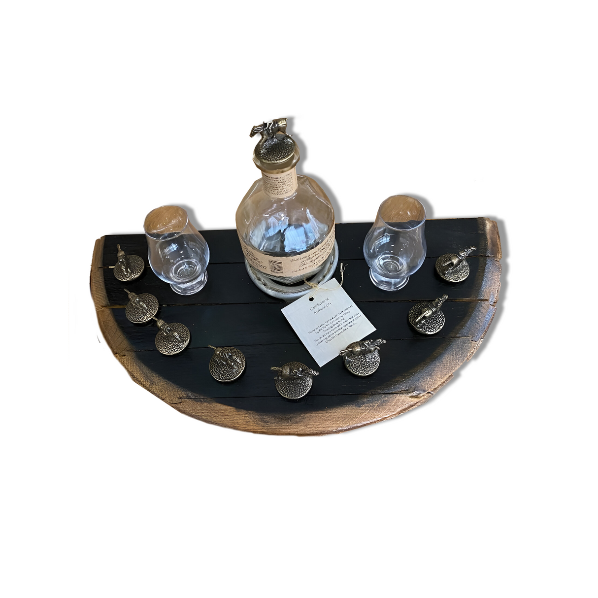 A wooden half-circle shelf showcases a Blanton's Bottle, two glasses, and decorative silver tokens in a semicircle, accented with unique horse cork stoppers, featuring the Bar Tray designed for Blanton's Bottle and Horse Cork Stoppers (corks not included), handcrafted from solid wood barrel.