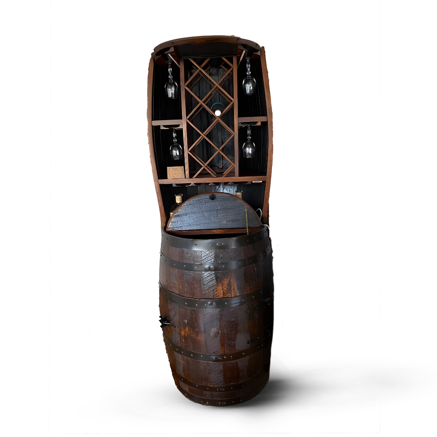 The Hutch Wine Bar Cabinet, crafted from a handmade solid wood barrel, elegantly displays up to 7 wine bottles and 20 glasses against a white background.