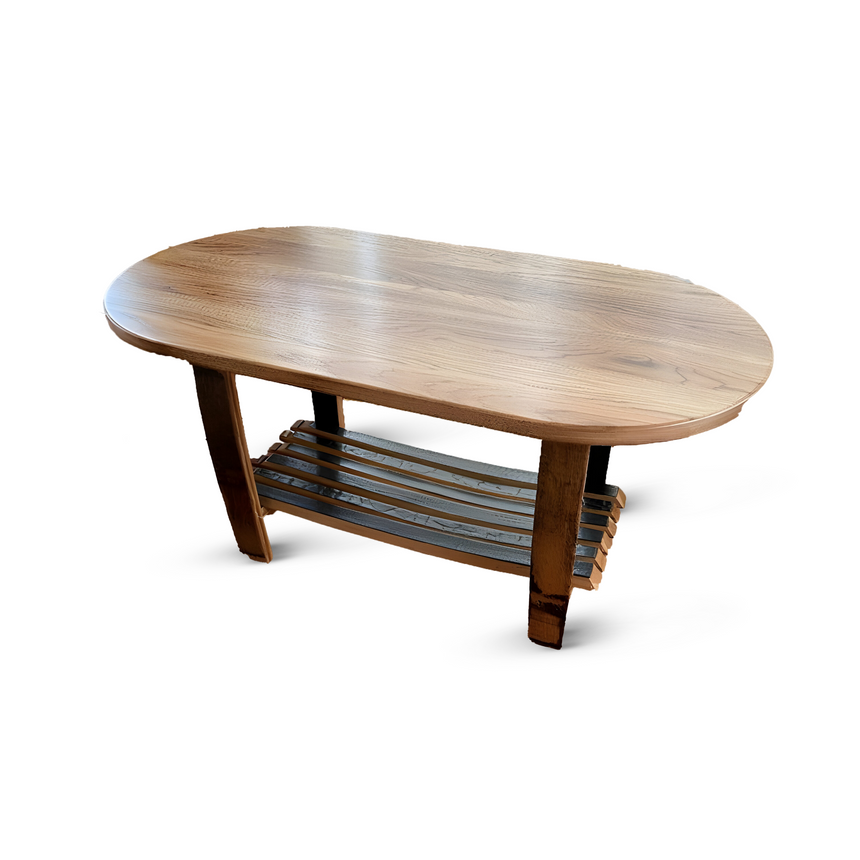 The Whiskey Barrel Stave Oval Coffee Table with a rustic design and a stave shelf is set against a white background.