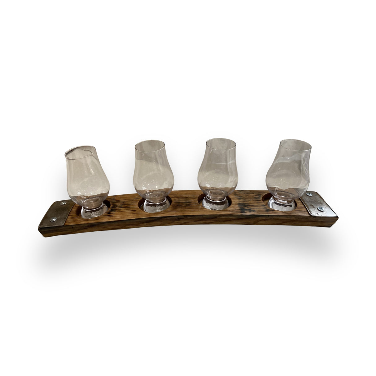 The Whiskey Tasting Flight Board for 4 Glasses features hand made solid wood construction, offering a rustic display to hold four glasses for your whiskey tasting experience.