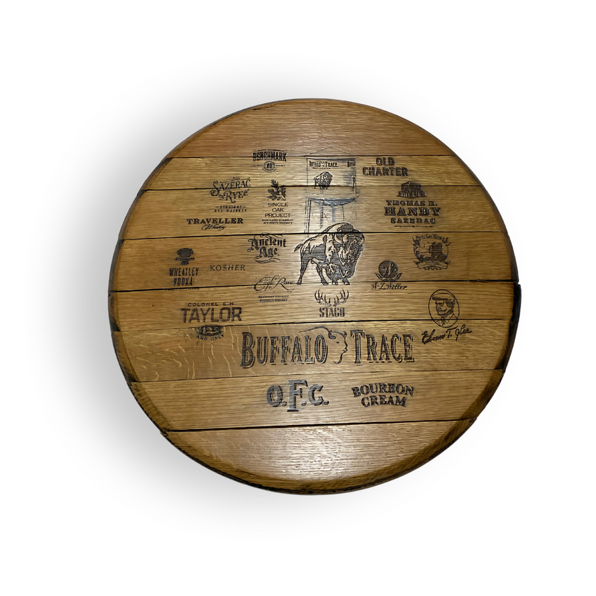 The Whiskey Barrel Head Etch Bourbon Trail features etched logos of renowned bourbon distilleries, including Buffalo Trace—a unique wooden decor piece perfect for honoring Kentucky’s famous Bourbon Trail.