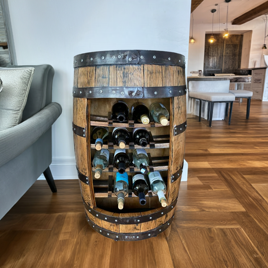 The Wine Rack Barrel Bar Storage Cabinet, handcrafted from solid wood with a 25-bottle capacity, adds rustic charm to a modern living room with wooden floors.