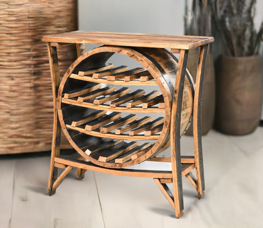 The Wine Rack Table features a barrel-shaped design crafted from a reclaimed wine barrel, holding several bottles and adding rustic charm to any space.