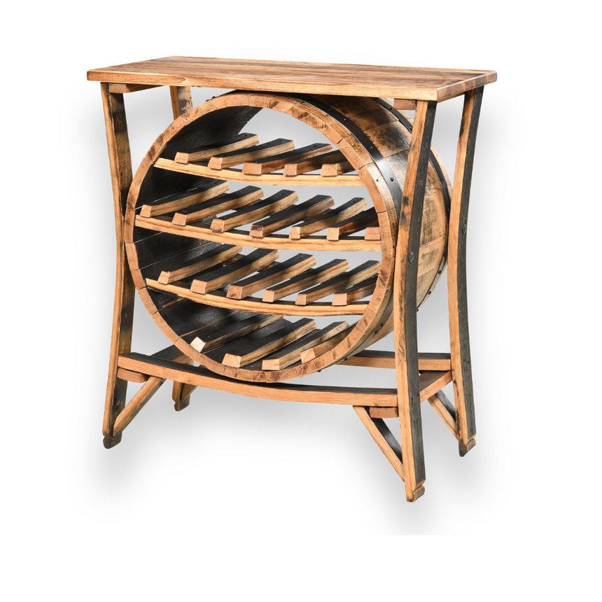 The Wine Rack Table features a rustic wooden barrel design with horizontal shelves for bottle storage and four sturdy legs—ideal as a unique wine rack table.