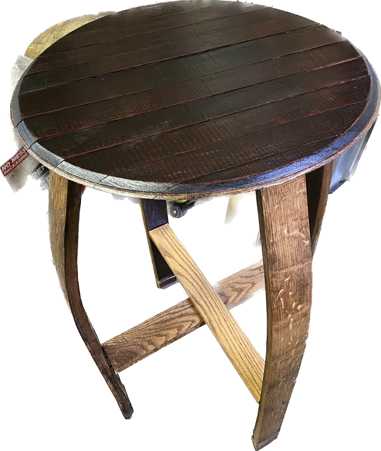 The Wine Pub Table, priced at $175.00, features a rustic round wooden design with a dark stained top and elegantly curved legs, standing 35 inches tall, set against a neutral background.