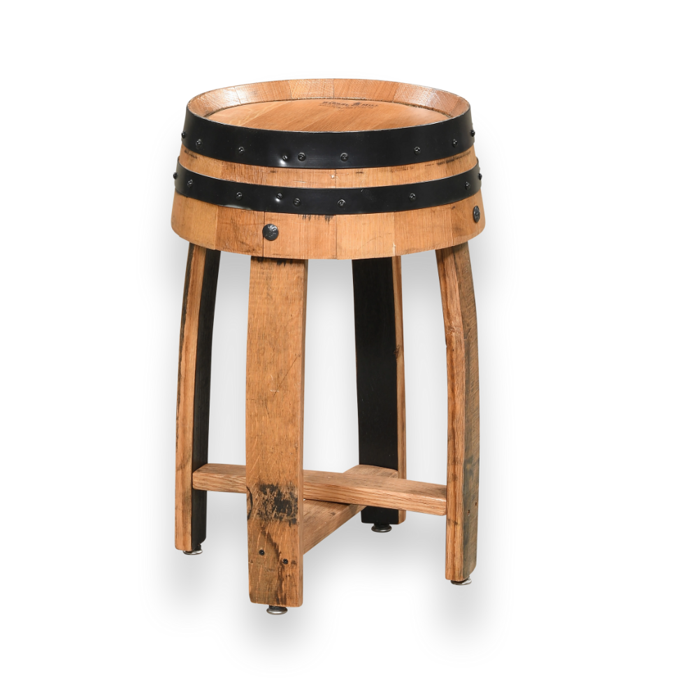 The Wooden End Table features a round wooden top, metal bands, and four sturdy legs, adding a rustic touch to any space.