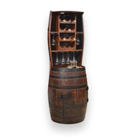 The 12 Bottles Barrel Hutch, once a fine bourbon barrel, is now an exquisite wine rack with shelves elegantly displaying wine bottles and glasses.