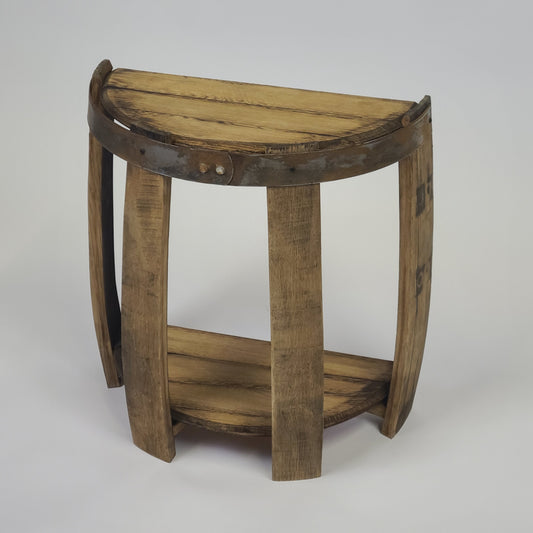 A rustic side table, featuring a wooden design with half-barrel heads for shelves and a top metal band, displayed against a plain background - Side Table with Half Barrel Heads for Shelves & Top Metal Band- T007 - $175.00.