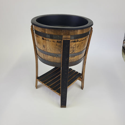 The ½ Barrel Cooler No Top - T009, featuring a rustic wooden design on a raised stand with a slatted shelf below, exudes charming warmth perfect for outdoor entertaining, all set against a plain white background.