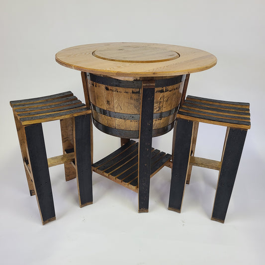 Round wooden Half Barrel Table with three matching stools featuring a rustic barrel design and black accents, perfect for those who appreciate Rustic Furniture. Available in the Barrel Head with Storage & Stools BUNDLE - B001 for $950.00.