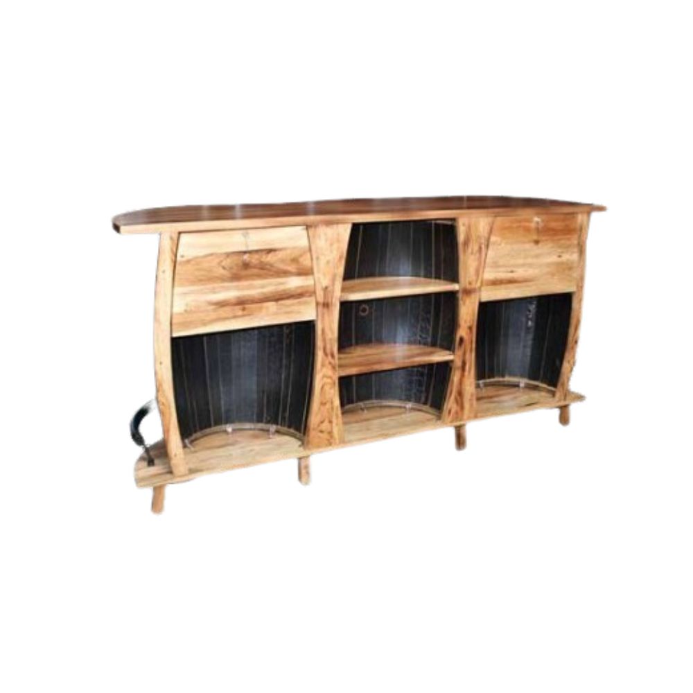 The 3 Barrels Bar Table is a curved wooden bar cabinet with a classic whiskey barrel design featuring shelves and two drawers, crafted from contrasting light and dark wood.