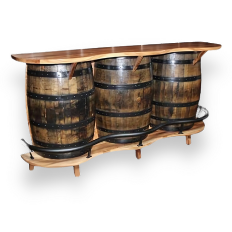 The 3 Barrels Bar Table includes a flat wooden top and a gracefully curved base, crafted from three whiskey barrels.