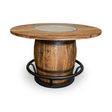 Handmade Whiskey Barrel Pub Table featuring a 48" burnt hickory tabletop with glass inset and metal accents, crafted from solid wood barrel construction.