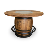 Handmade Whiskey Barrel Pub Table featuring a 48" burnt hickory tabletop with glass inset and metal accents, crafted from solid wood barrel construction.