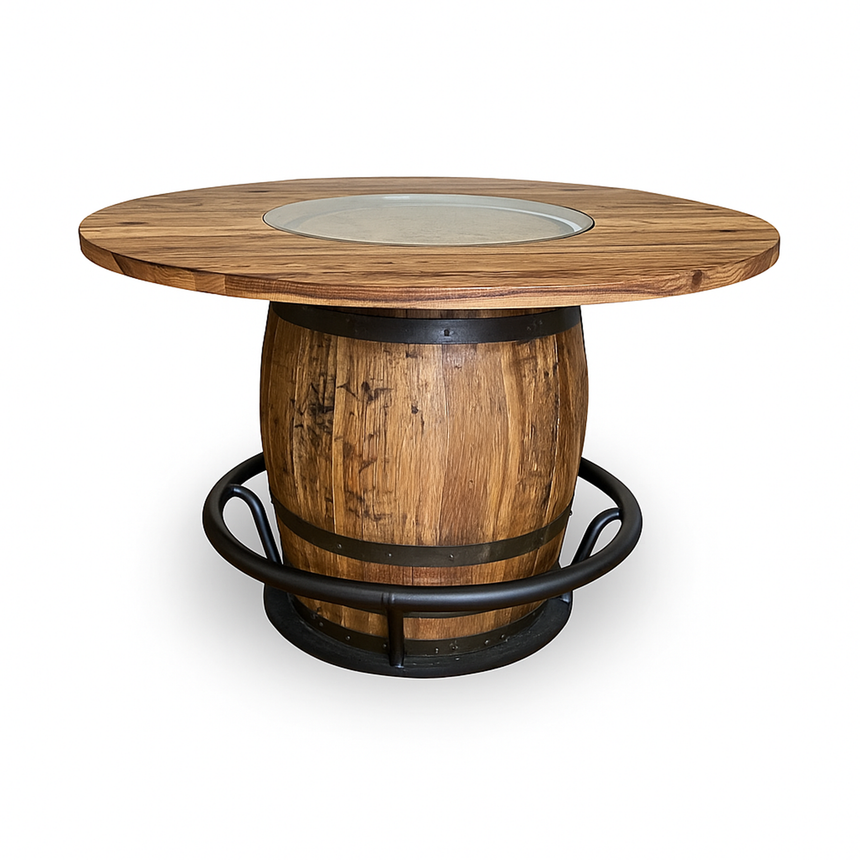 Handmade Whiskey Barrel Pub Table featuring a 48" burnt hickory tabletop with glass inset and metal accents, crafted from solid wood barrel construction.