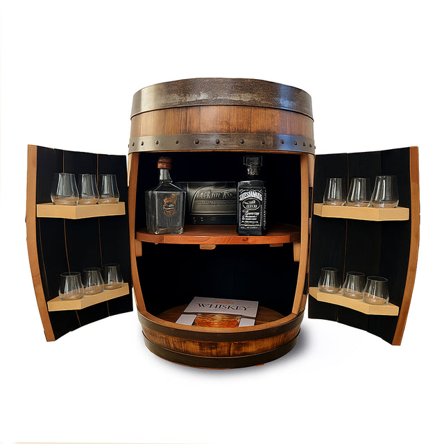 The Refurbished Whiskey Barrel Open Display Cabinet features open doors, displaying whiskey bottles and glasses neatly organized on its shelves.