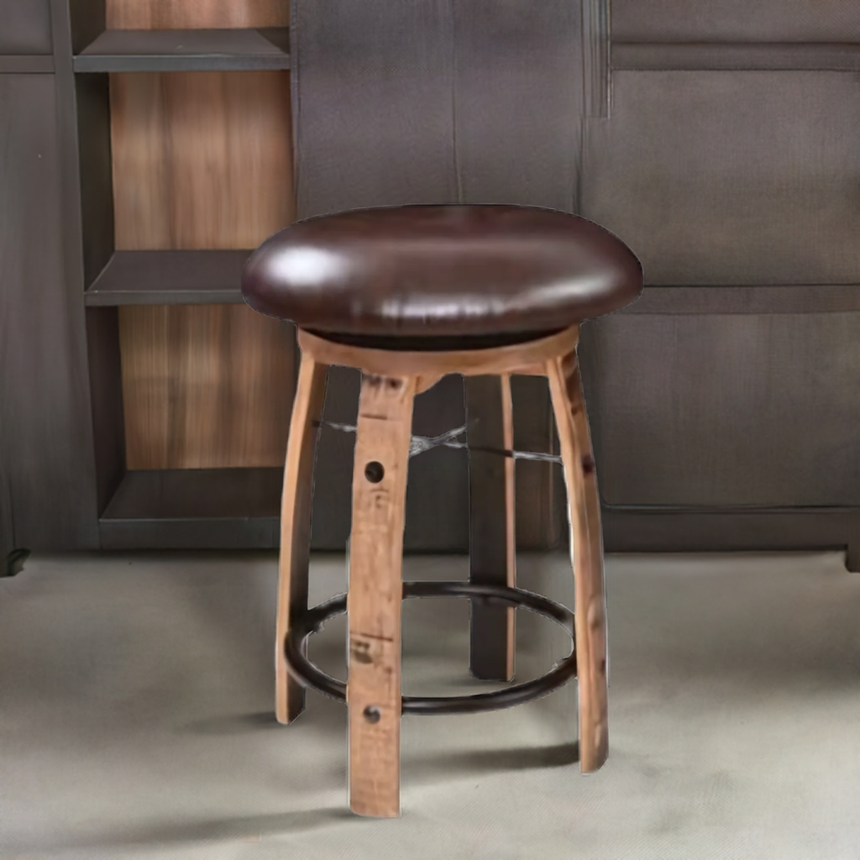 The Bar Stool Cushioned Seat Without Back B-Black, featuring a round, dark brown seat, is placed in front of shelves and a dark wall.