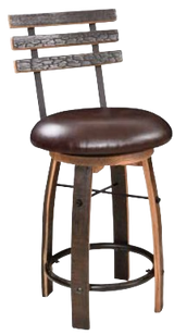 A rustic Bar Stool with Swivel Cushioned Seat & Stave Back, made from reclaimed whiskey barrels, comes with a round leather seat and metal footrest.