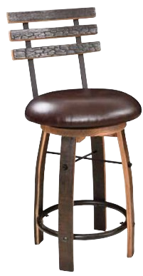 A rustic Bar Stool with Swivel Cushioned Seat & Stave Back, made from reclaimed whiskey barrels, comes with a round leather seat and metal footrest.