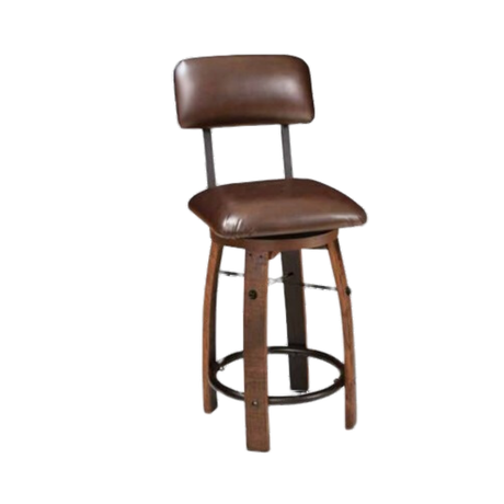 The "Bar Stool Cushioned Seat With Back Cushion" features a brown finish, reminiscent of whiskey barrels, with a cushioned seat and backrest, wooden legs, and a sleek metal footrest ring.