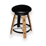 American Oak bar stool with round black cushioned seat, metal footrest, named "Bar Stool Cushioned Seat Without Back.