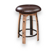 The Bar Stool Cushioned Seat Without Back B-Black features a whiskey barrel-inspired design with a wooden frame, dark cushioned seat, and sleek metal footrest.