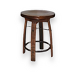 The Bar Stool Round Wooden Seat features a round wooden seat crafted from handcrafted bourbon barrels and has four legs connected by a metal ring.