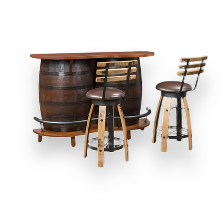 The Barrel Bar Table with Chairs features a rustic design with metal accents and wooden slat backs, crafted from authentic whiskey barrels. This set of two wooden stools adds countryside charm and rustic elegance to any space.