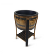 The ½ Barrel Cooler No Top is featured on a matching stand with black metal bands and includes a slatted shelf for ample storage.