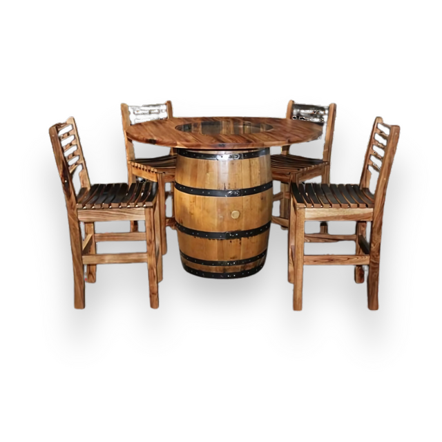 The Barrel Dinner Table and Chairs features a round top made from reclaimed whiskey barrels, showcasing rustic elegance. It includes four matching wooden chairs to complete the timeless charm of the set.