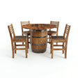 The Barrel Dinner Table and Dinner Chairs set features a round wooden rustic table with a whiskey barrel base and four matching barrel chairs, displayed against a white background.