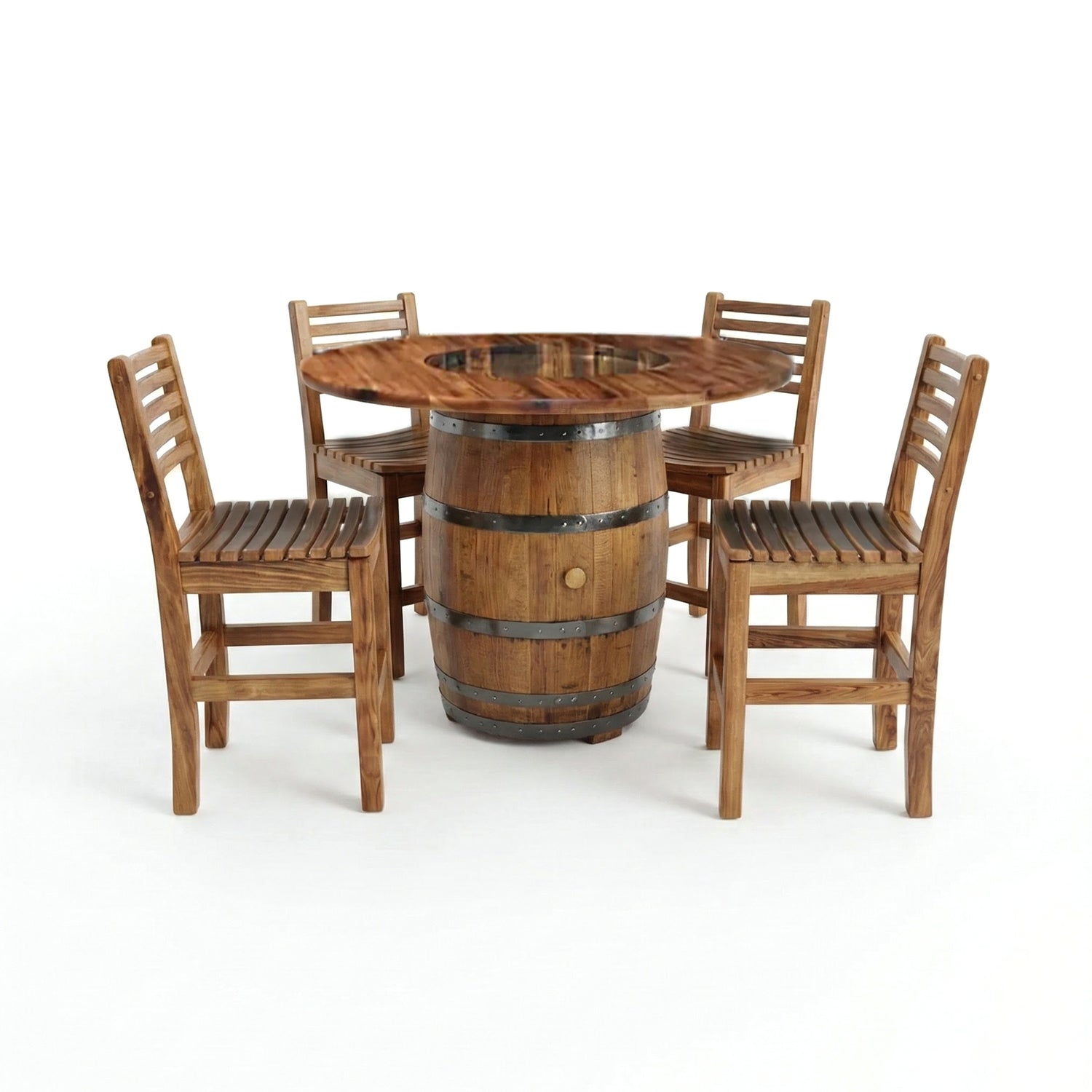 The Barrel Dinner Table and Dinner Chairs set features a round wooden rustic table with a whiskey barrel base and four matching barrel chairs, displayed against a white background.