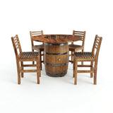 The Barrel Dinner Table and Dinner Chairs set features a round wooden rustic table with a whiskey barrel base and four matching barrel chairs, displayed against a white background.