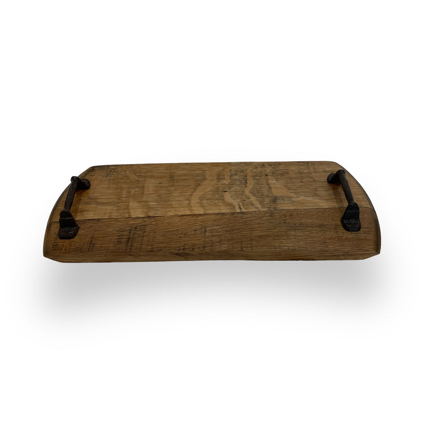 The Charcuterie and Cheese Rectangle Wooden Serving Board, full size and hand made from solid wood, features sturdy metal handles on each end and exudes rustic charm against a white background.