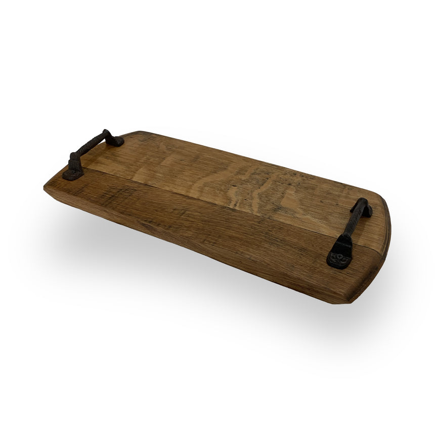 The Charcuterie and Cheese Rectangle Wooden Serving Board, full size and handmade from solid wood, features black metal handles for rustic charm—perfect for serving at any table. Shown isolated on a white background.