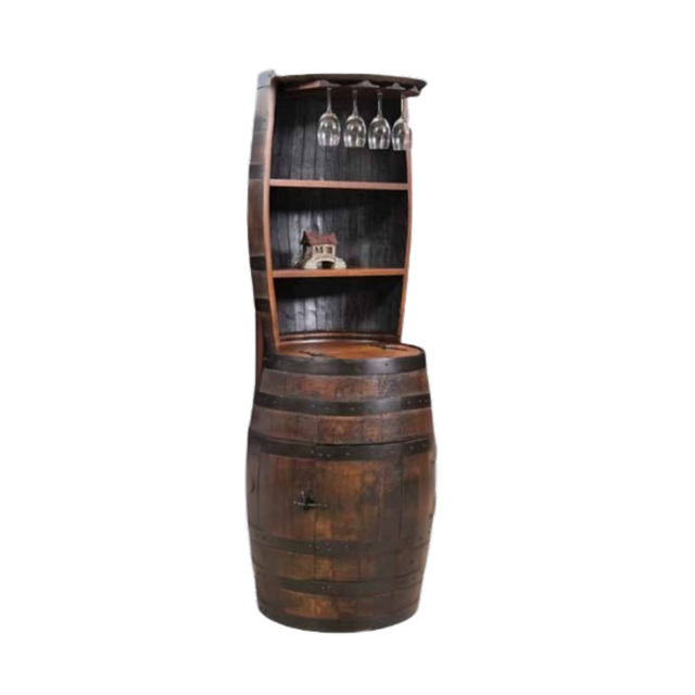 Experience rustic elegance with the Barrel Hutch, uniquely crafted from a genuine whiskey barrel. It features designed shelves and space for hanging wine glasses, transforming a simple barrel into an exquisite display for your finest vintages.