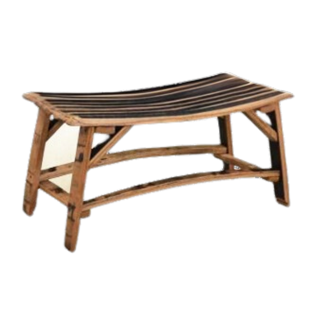 The Barrel Stave Bench offers a curved seat made from intersecting slats, evoking the design of whiskey barrels.