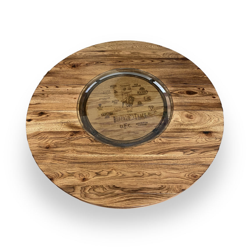 Whiskey Barrel Pub Table featuring a 48" Burnt Hickory tabletop with glass inset, hand made from solid wood barrels—unique furniture perfect for whiskey enthusiasts.