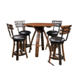 The Barrel Stave Table with Swivel and Reverse Leg Stools exudes rustic elegance. It includes four high-back bar stools with black cushions, designed to mimic repurposed whiskey barrels, adding a touch of sophistication to any space.