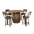 The Barrel Table with Chairs is a rustic set, radiating artisanal charm with four bar stools featuring wooden seats and black cushions, all crafted from reclaimed whiskey barrels.