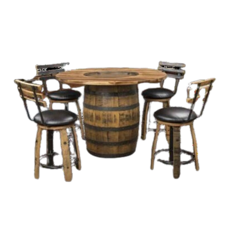 The Barrel Table with Chairs is a rustic set, radiating artisanal charm with four bar stools featuring wooden seats and black cushions, all crafted from reclaimed whiskey barrels.